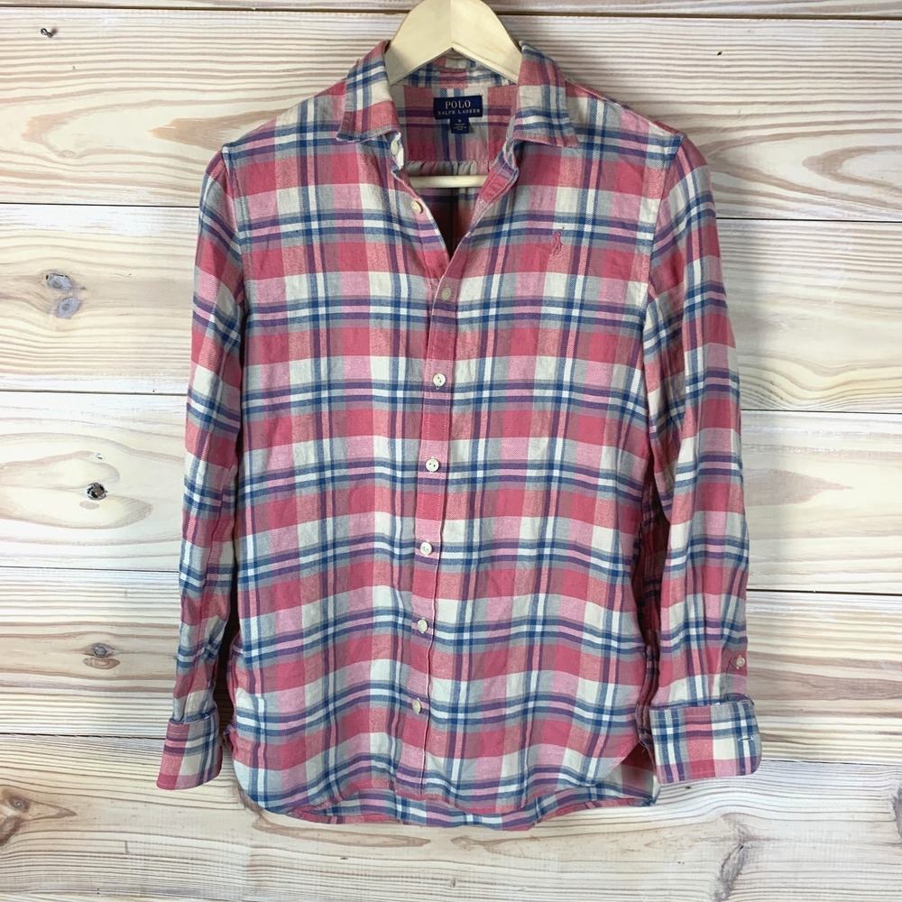 Polo‎ Shirt Women Teen 16 Pink Plaid Flannel Lightweight Shacket Pockets Preppy